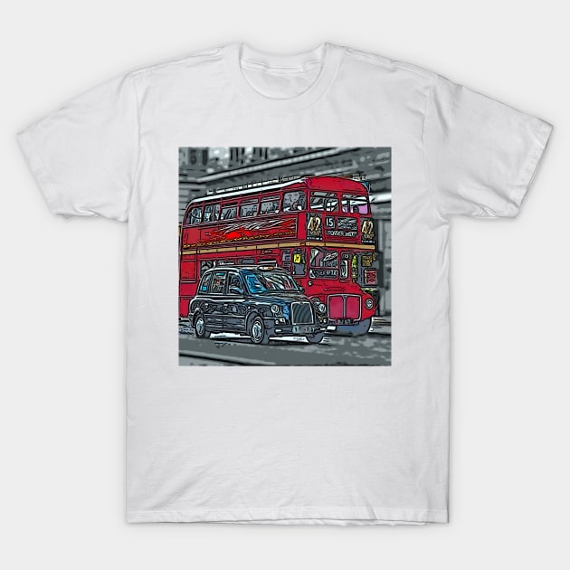 London Bus and Cab T-Shirt by bywhacky